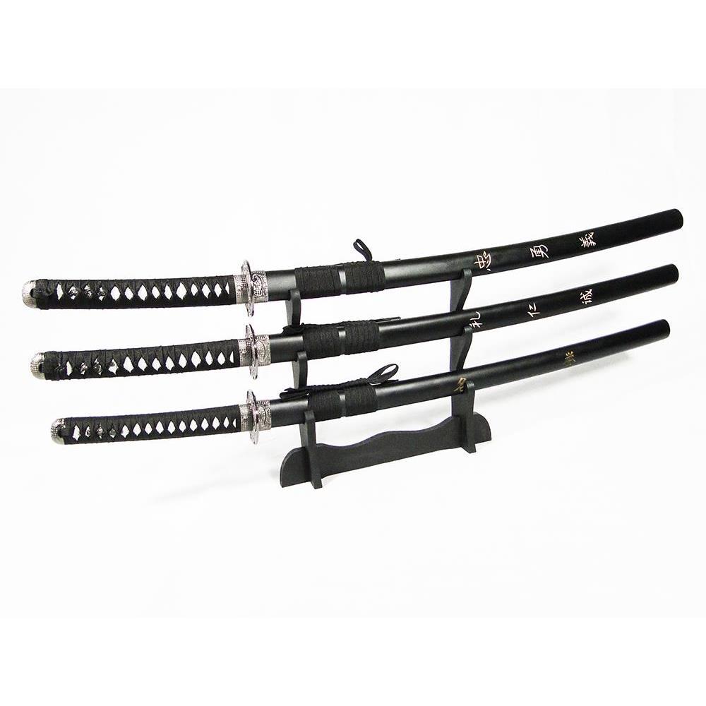 Set di 3 Katana da Samurai con lama in metallo fodero in legno e supporto  100-75-53 cm bianche - Replichearmi