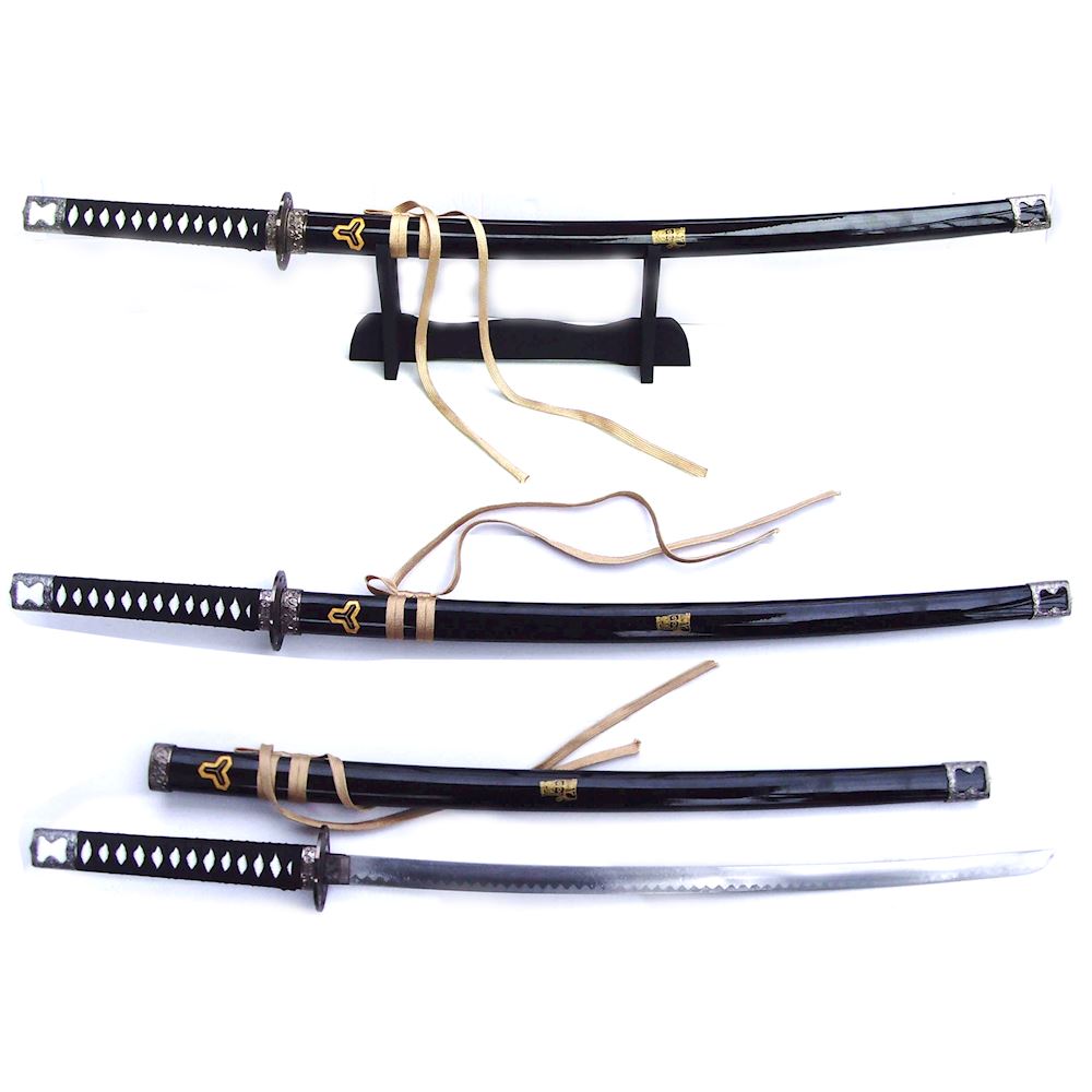 Set di 3 Katana da Samurai con lama in metallo fodero in legno e supporto  100-75-53 cm bianche - Replichearmi