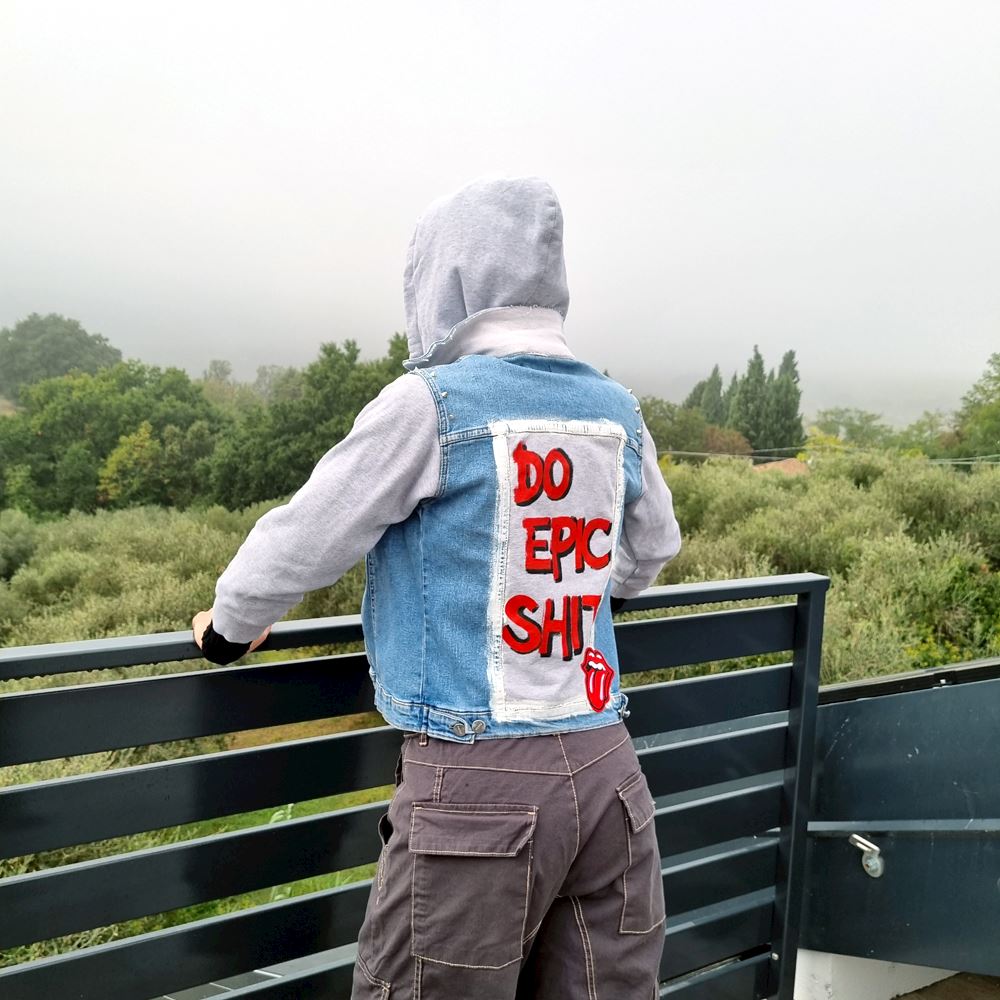 Jean jacket and store sweatshirt