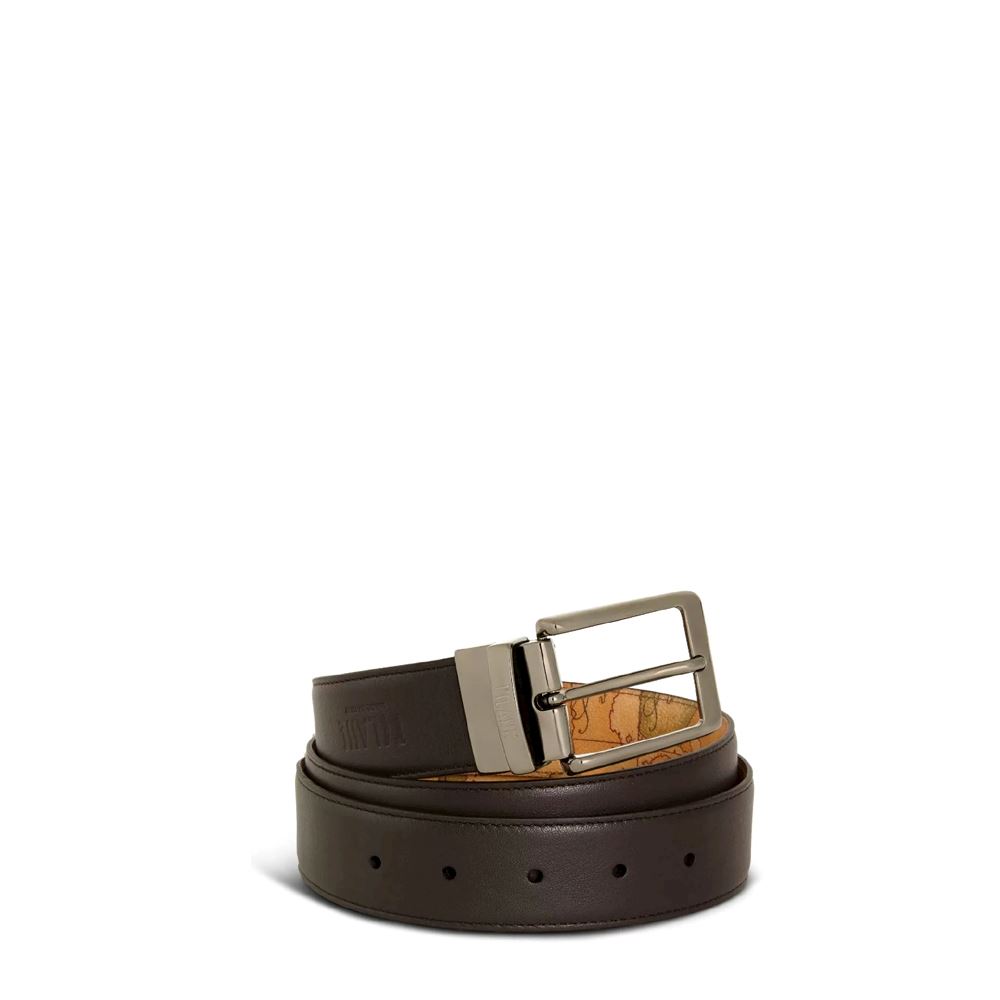 Cintura Uomo Alviero Martini Reversibile - Beige E Nero, Stampa Geografica, Chiusura A Vite, Lavabile A Mano