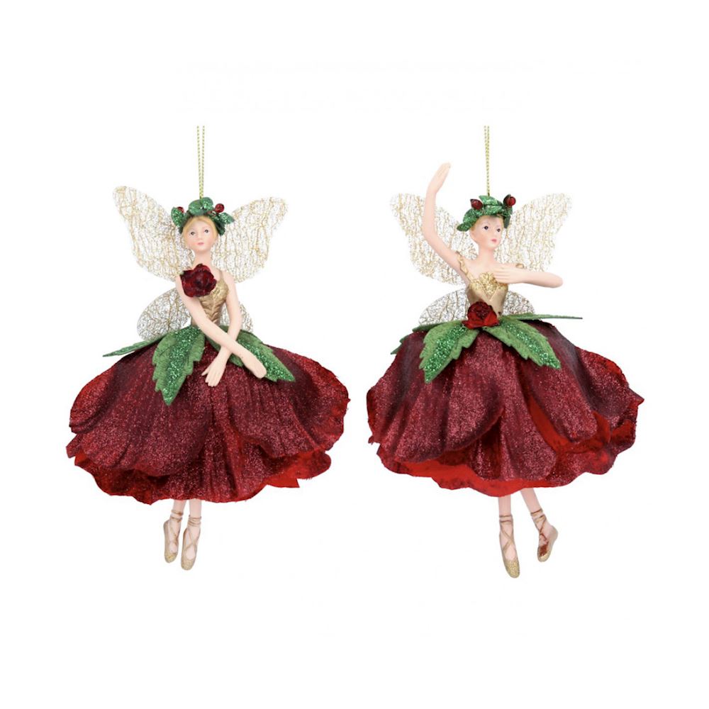 set of 2 Red & Gold Fabric Fairy Decorations Gisela Graham 